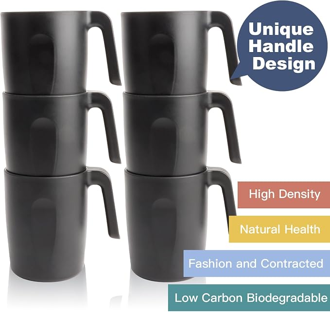 Homienly Unbreakable Coffee Mug Set - 6 Wheat Straw Reusable Cups | Dishwasher Safe Drinking Glasses | Alternative to Plastic Mugs & Glass Cups 16 oz for Camping, Kitchen (Black)