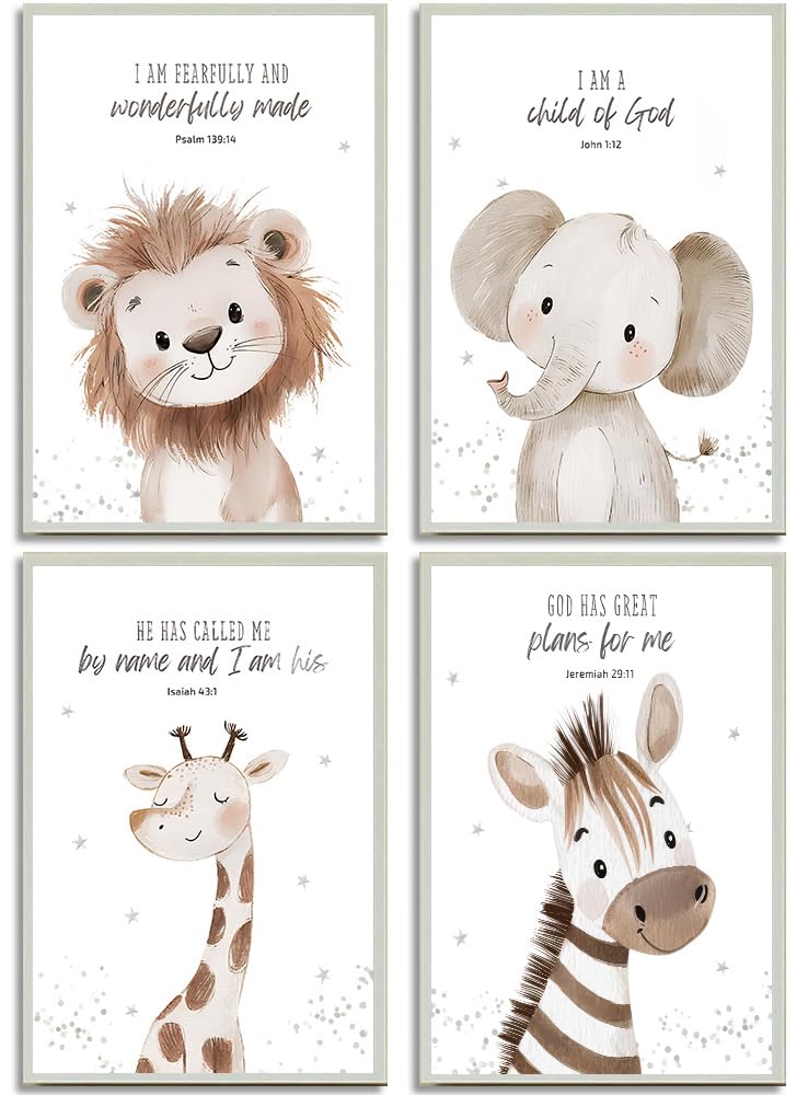 4Pcs Nursery Bible Verse Animal Canvas Wall Art Funny Cute Safari Animals Christian Painting Picture Wall Decor Lions Elephant Giraffe Zebra Poster Print Artwork for Boys and Girls Home Decoration