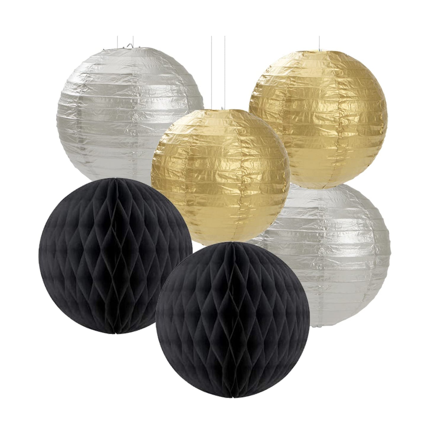 Black Gold Silver Party-Decorations Streamers-Lanterns - 14pcs Graduation 2026 Paper Fan,Tissue Flower Pom Poms Streamers,Honeycomb Balls,Men Birthday Wedding Baby Bridal Shower Decor Ouruola