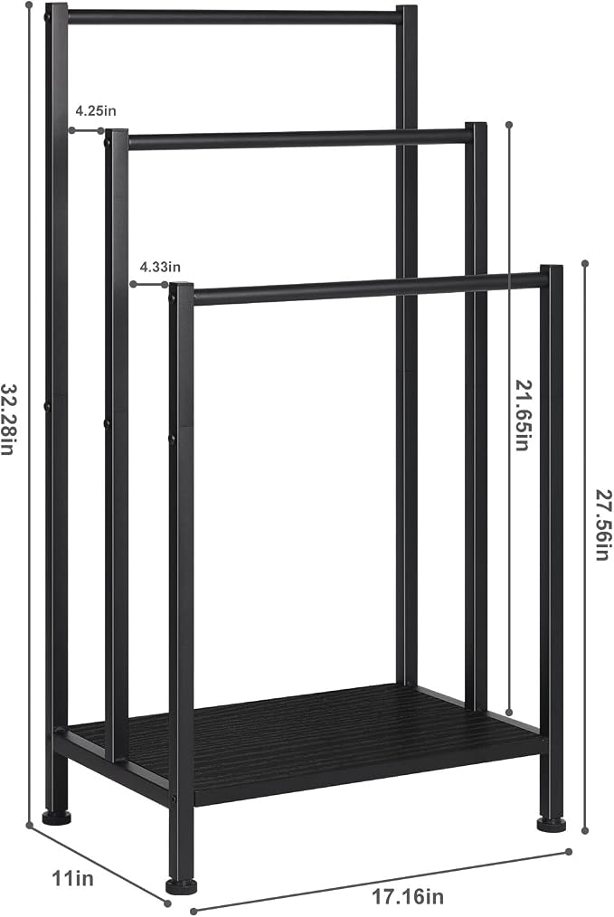 Freestanding Towel Rack for Bathroom, Black Standing Towel Rack Bath Towel Holder Stand Floor 3 Tier Blanket Rack Outdoor Towel Rack Standing Metal Blanket Ladders for The Living Room