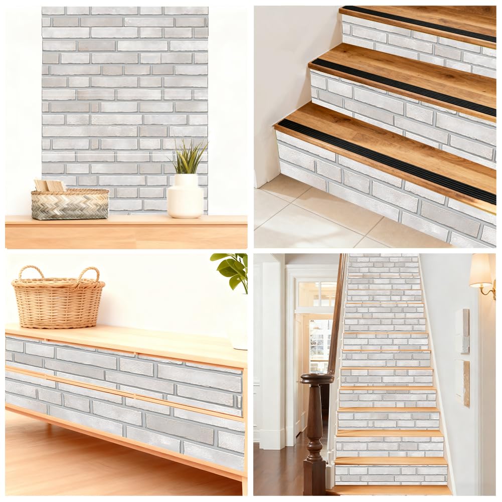 Hpbbspring 15Pcs Staircase Stickers Realistic White Brick Wall Tile Stickers Beauiful Self-Adhesive Water Proof Staircase Decor for Steps Bedroom Balcony Bars 39.3" W x 7.08" H