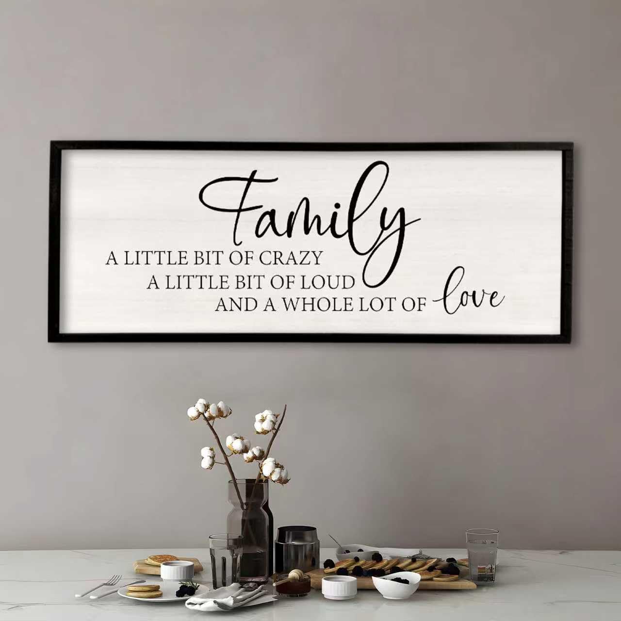 Family A Little Bit Of Crazy Sign Wall Decor 32"×12" Rustic Farmhouse Living Room Large Soild Wood Framed Hallway Hanging Sign Aesthetic Inspirational Quotes Entryway Home Wall Art (Black)