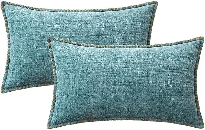 MIULEE Pack of 2 Lumbar Summer Throw Pillow Covers 12x20 Inch Aqua Blue Farmhouse Decorative Pillow Covers with Stitched Edge Soft Chenille Solid Dyed Pillow Covers for Couch Sofa Bed Living Room
