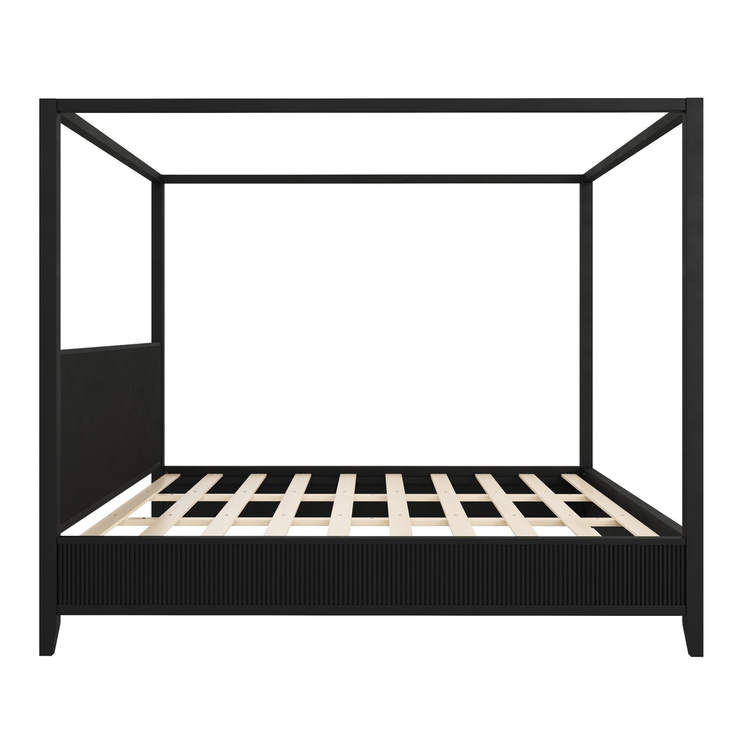 Merax Modern Luxury King Size Wooden Canopy Bed Frame with Headboard, Slats Support, Wood 4 Poster Bed Frame, No Box Spring Needed, Contemporary Bedroom Furniture, Black