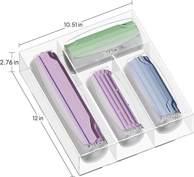Aquiver Acrylic Bags Storage Organizer - Baggie Bags Drawer Organizer & Plastic Food Storage Bags Holder - Compatible with Gallon, Quart, Sandwich, Snap, Freezer, Slider Bags (Clear)