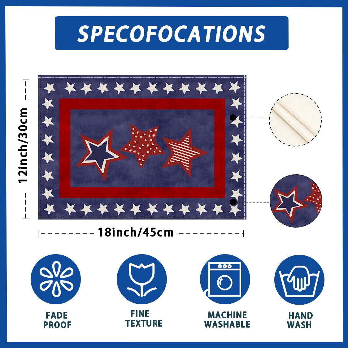 XCHI Blue Patriotic Red White Stars America 4th of July Memorial Day Independence Day Placemats Set of 4 Table Mats Decorations 12x18 Inch