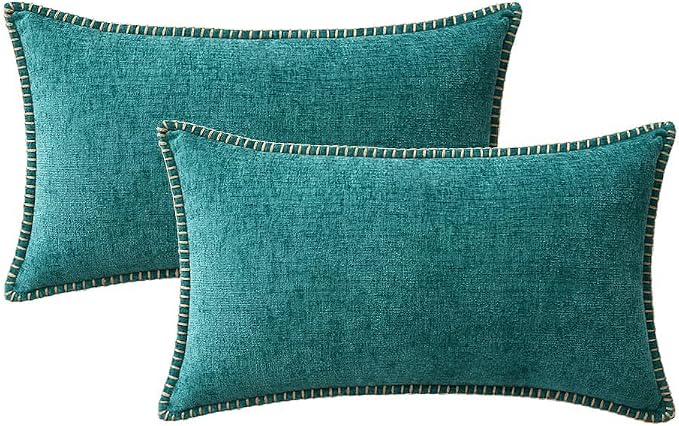 MIULEE Pack of 2 Lumbar Throw Pillow Covers 12x20 Inch Teal Farmhouse Decorative Pillow Covers with Stitched Edge Soft Chenille Solid Dyed Summer Pillow Covers for Couch Sofa Bed Living Room