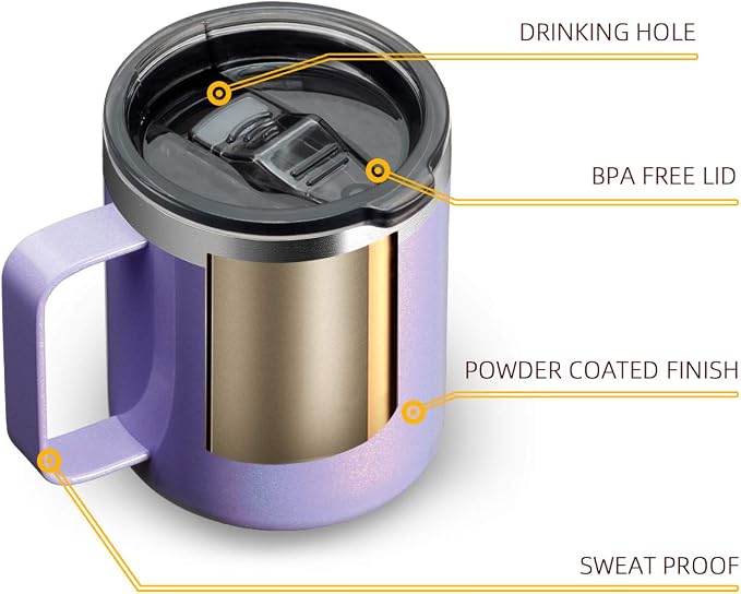 12oz Stainless Steel Insulated Coffee Mug with Handle, Double Wall Vacuum Travel Mug, Tumbler Cup with Sliding Lid, GLITTER LAVENDER