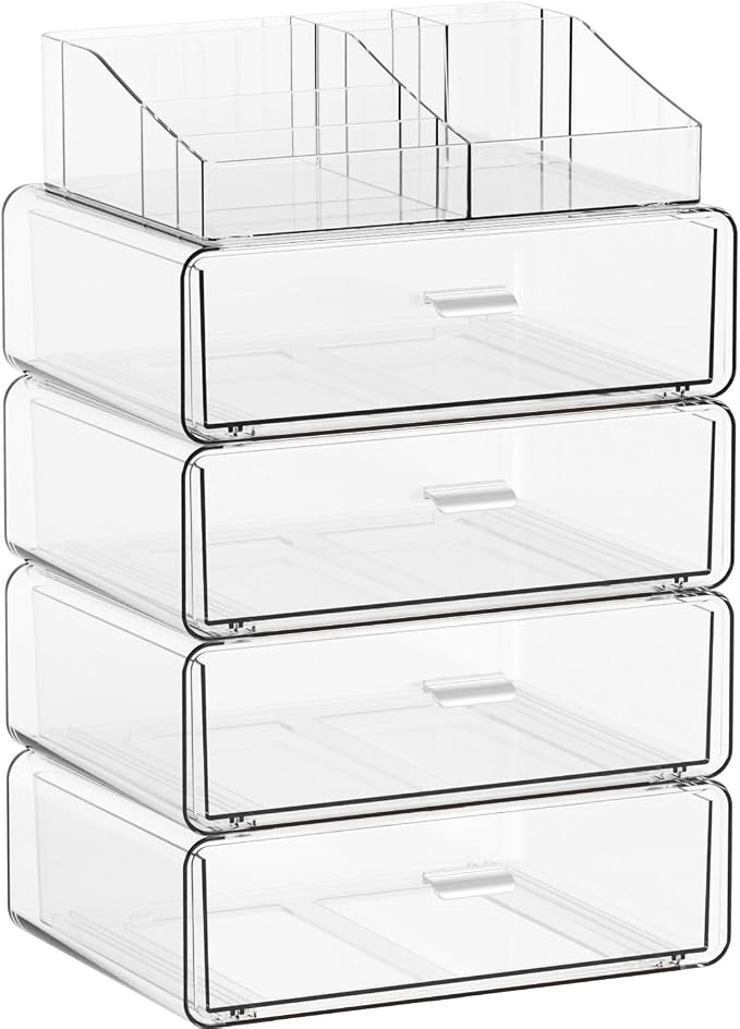 Yieach 5 Tier Clear Acrylic Makeup Organizers with Drawers,Tiered Countertop Make up Storage Organizer for Dresser Top and Bathroom Vanity,Plastic Makeup Stand for Brush,Skincare,Beauty Organizers