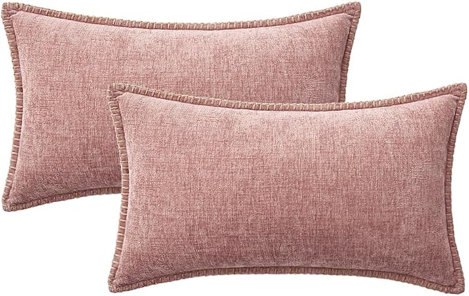 MIULEE Pack of 2 Lumbar Throw Pillow Covers 12x20 Inch Blush Pink Farmhouse Decorative Pillow Covers with Stitched Edge Soft Chenille Solid Dyed Pillow Covers for Couch Sofa Bed Living Room