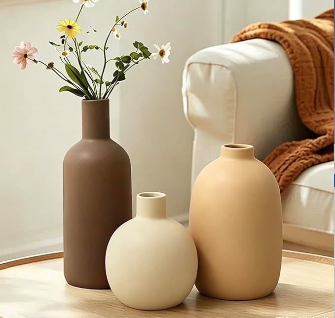 Ceramic Vase Set of 3, Brown Large Rustic Vases for Farmhouse Decor, Pampas Grass & Dried Flowers and Table Living Room Home Decor