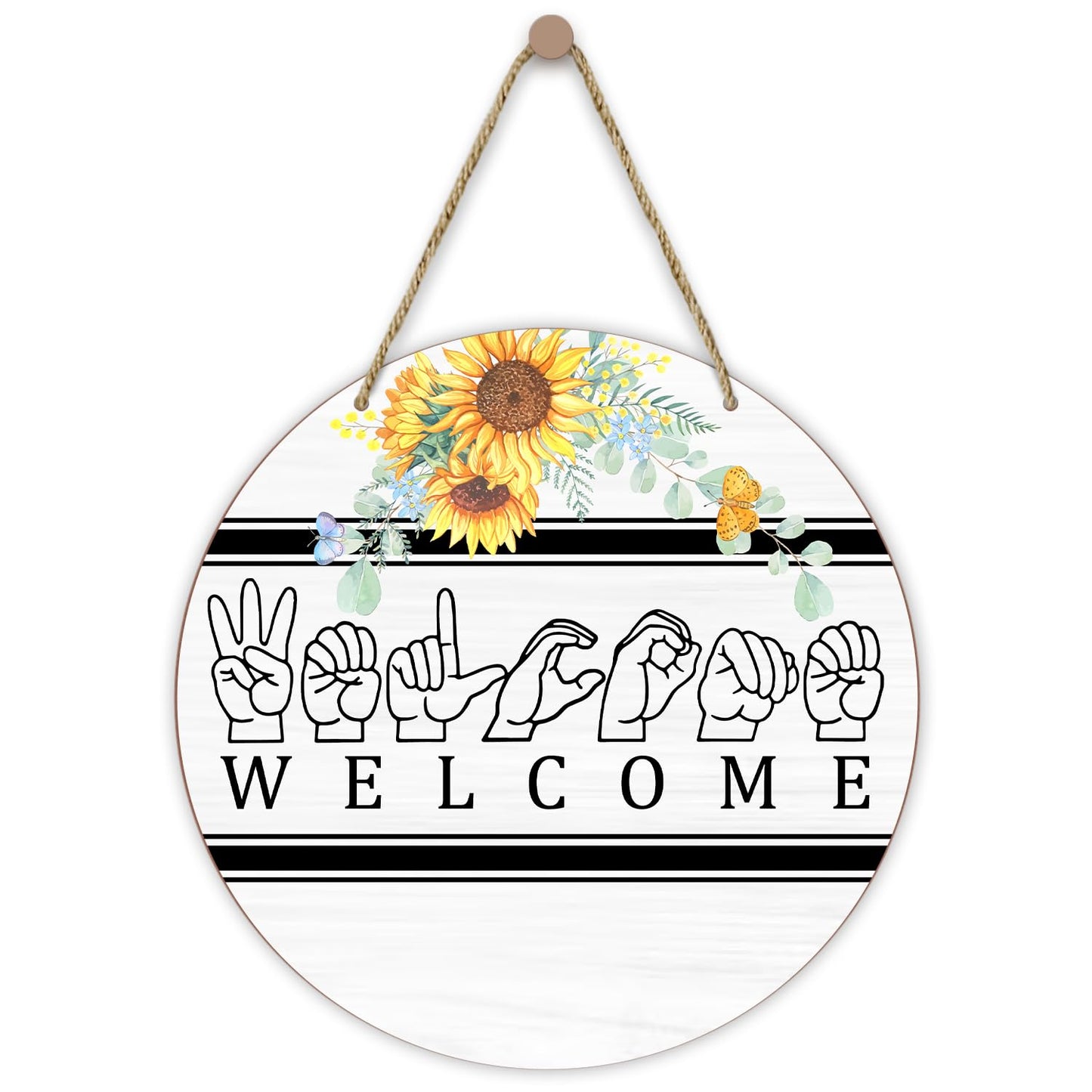 Wood Wall Hanging Sign Plaque Gift, Welcome Wooden Round Sign with Twine Floral Sign Language Decor, Door Home Living Room Shelf Porch Spring Summer Party Holiday Decoration Supplies - 10
