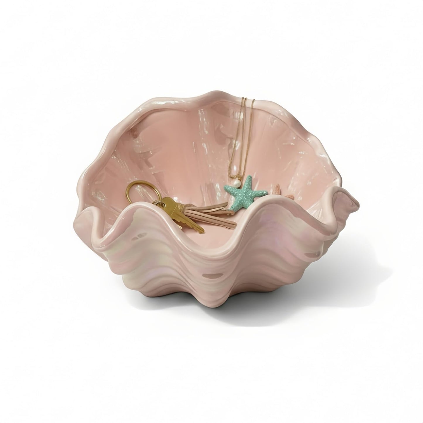 Runziti 6.3 Inch Iridescent Ceramic Clam Shell Decorative Bowl - Key Holder, Coastal Beach Home