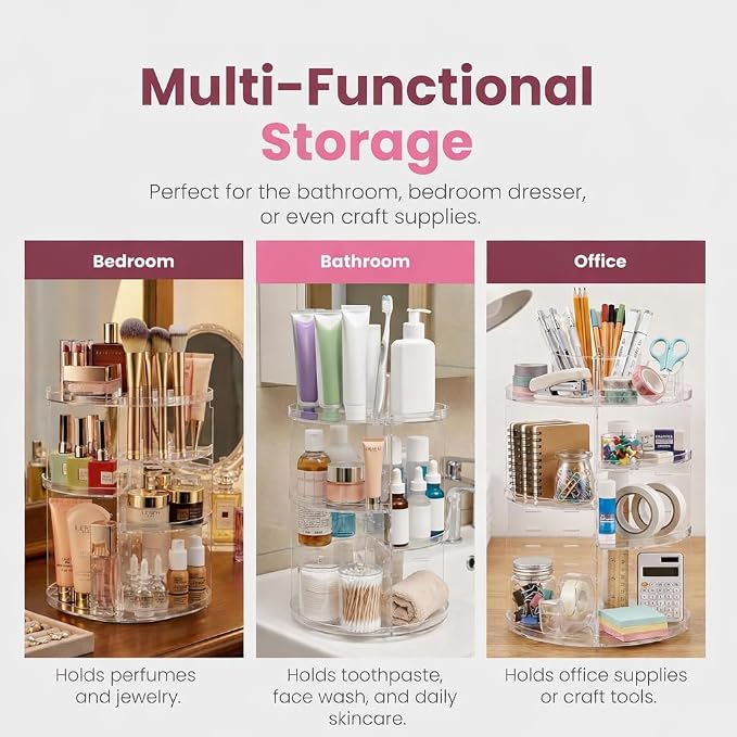 Masirs 360 Rotating Makeup Organizer Countertop - Adjustable Shelf Height - The Perfect Round Spinning Cosmetic Organizer for Bedroom Dresser or Vanity Countertop Storage (Clear)