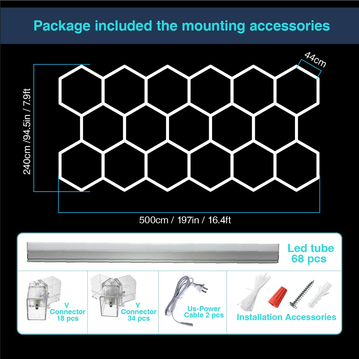 cezelux Hexagon Garage Lights: 68 Pack 17 Honeycomb Hexagon LED Light 6500K 60500LM 550W 5X2.4m Garage Lights Ceiling LED Wall Lighting for Gym Basement Warehouse Car Detailing Salon Workshop