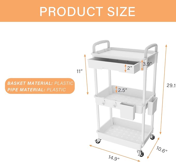 3 Tier Rolling Utility Cart with Drawer,REBECAT Utility Cart Made of Multifunctional Storage Organizer Tool for Kitchen,Bathroom,Living Room,Office(White)