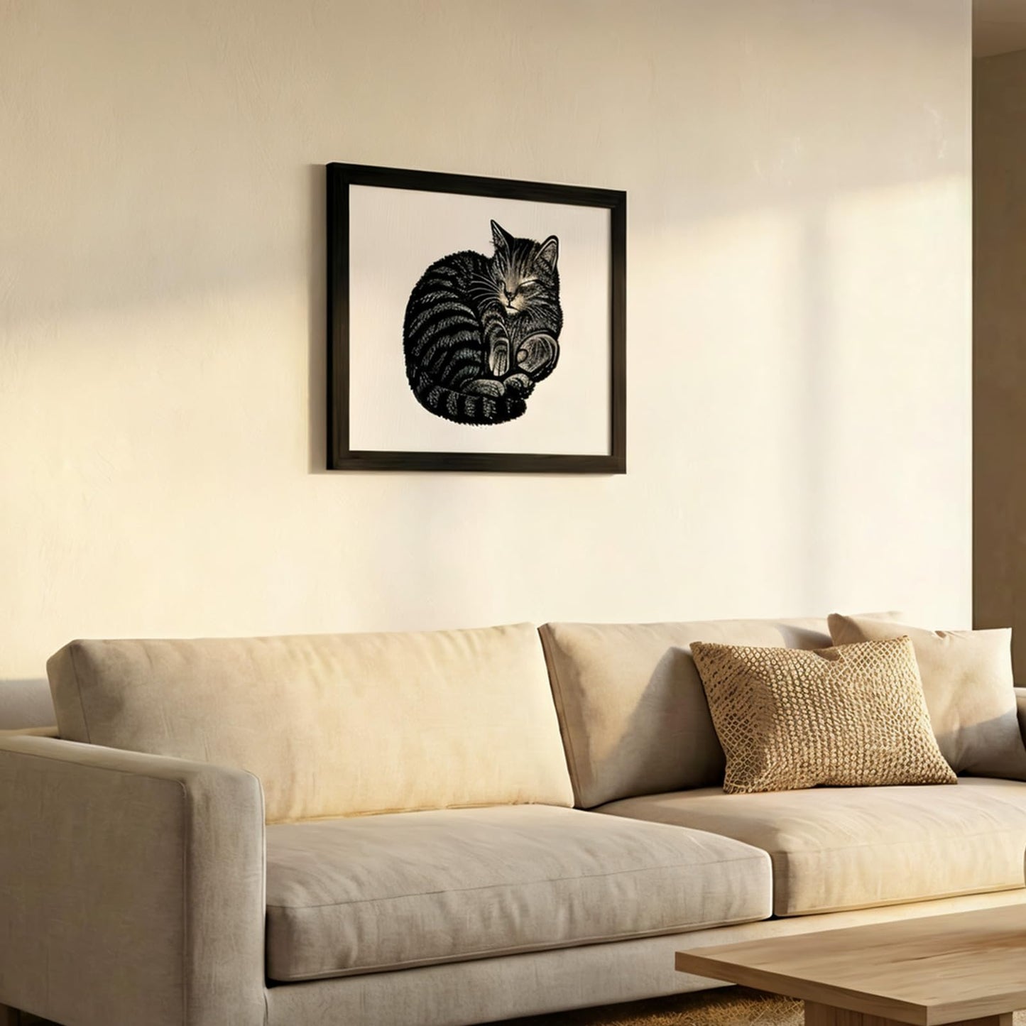 Caelumis Sleeping Cat Wall Art, Black and White Framed Cat Print, Woodcut Style Cat Wall Decor for Living Room, Bedroom or Office, 20 x 16 Inches