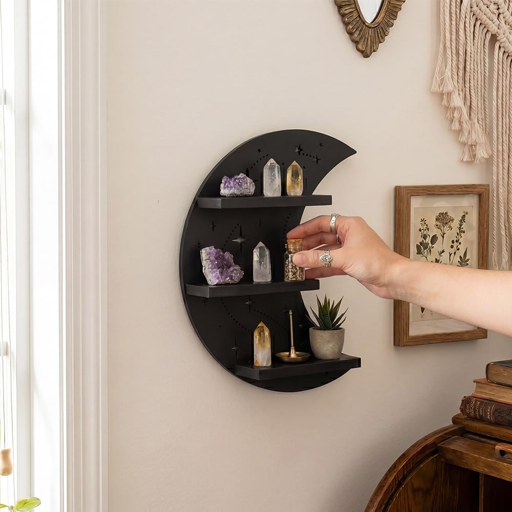 FNYDOX Crescent Moon Shelf with LED Light, Trinket Display Shelf & Moon Wall Light for Rocks Gems Healing Stones Crystals Display, Celestial Decor Crystal Holder Witchy Wall Decor