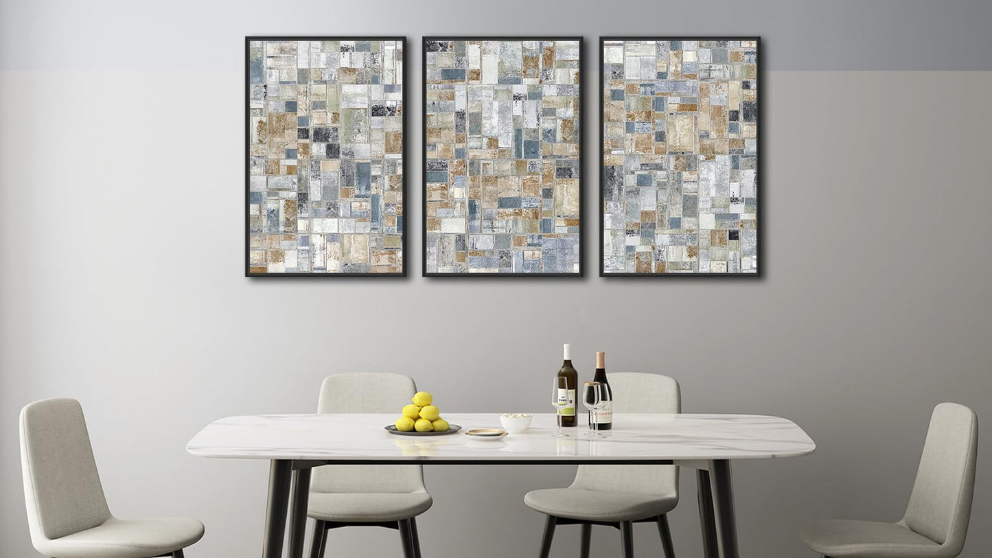 Large Framed Abstract Wall Art - Retro Block Wall Decor Painting 20"x28" Set of 3 Modern Wall Art Prints Rustic Mosaic Canvas Pictures for Living Room Bedroom Office Artwork