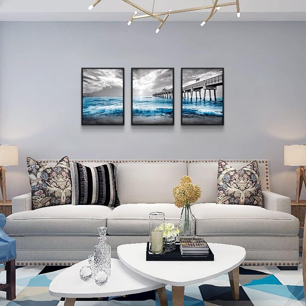 Black Framed Canvas Wall Art - Living Room, Bedroom & Office Decor - Blue Ocean Sea Wave Pictures - Modern Home Decor