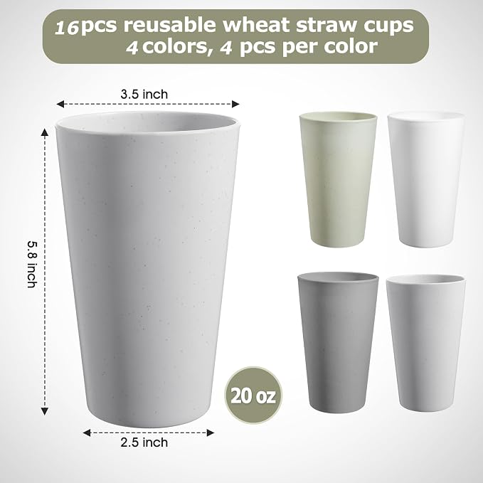HEYCOME Set of 16 Wheat Straw Cups, 16 Pcs 20 oz Unbreakable Drinking Cups, Reusable Plastic Cups Sets, Water Glasses Tumblers, Microwave & Dishwasher Safe, Bpa Free, 4 Colors