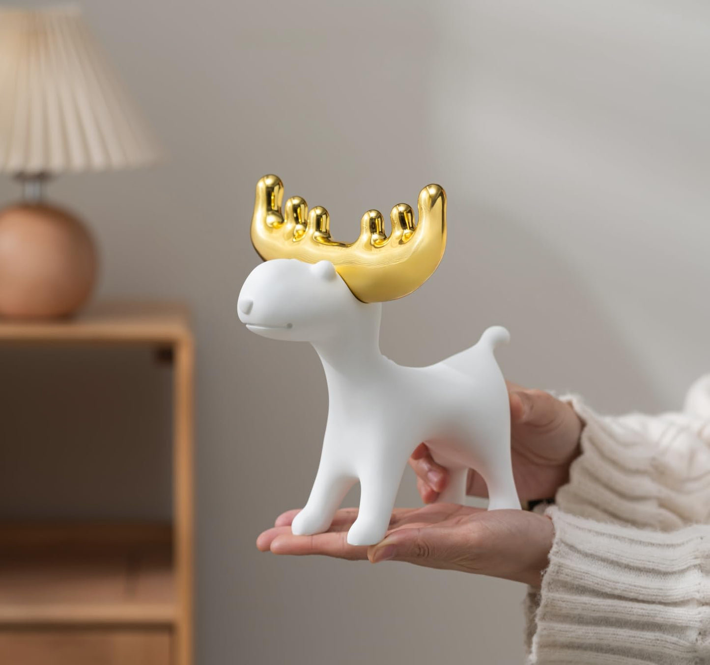 ZMLOOK Modern White Resin Deer Figurine with Gold Antlers – 7.48 x 69 x 7.72 Minimalist Animal Sculpture for Home & Desk Decor(Standing/Reclining Style)