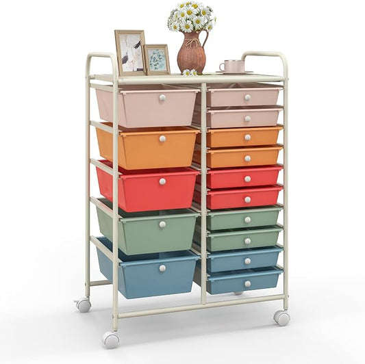 Giantex 15 Drawers Rolling Cart, Classroom Organizers, Storage Cart with Wheels, for Teacher Office Home School Supplies Tool Craft Art Paper