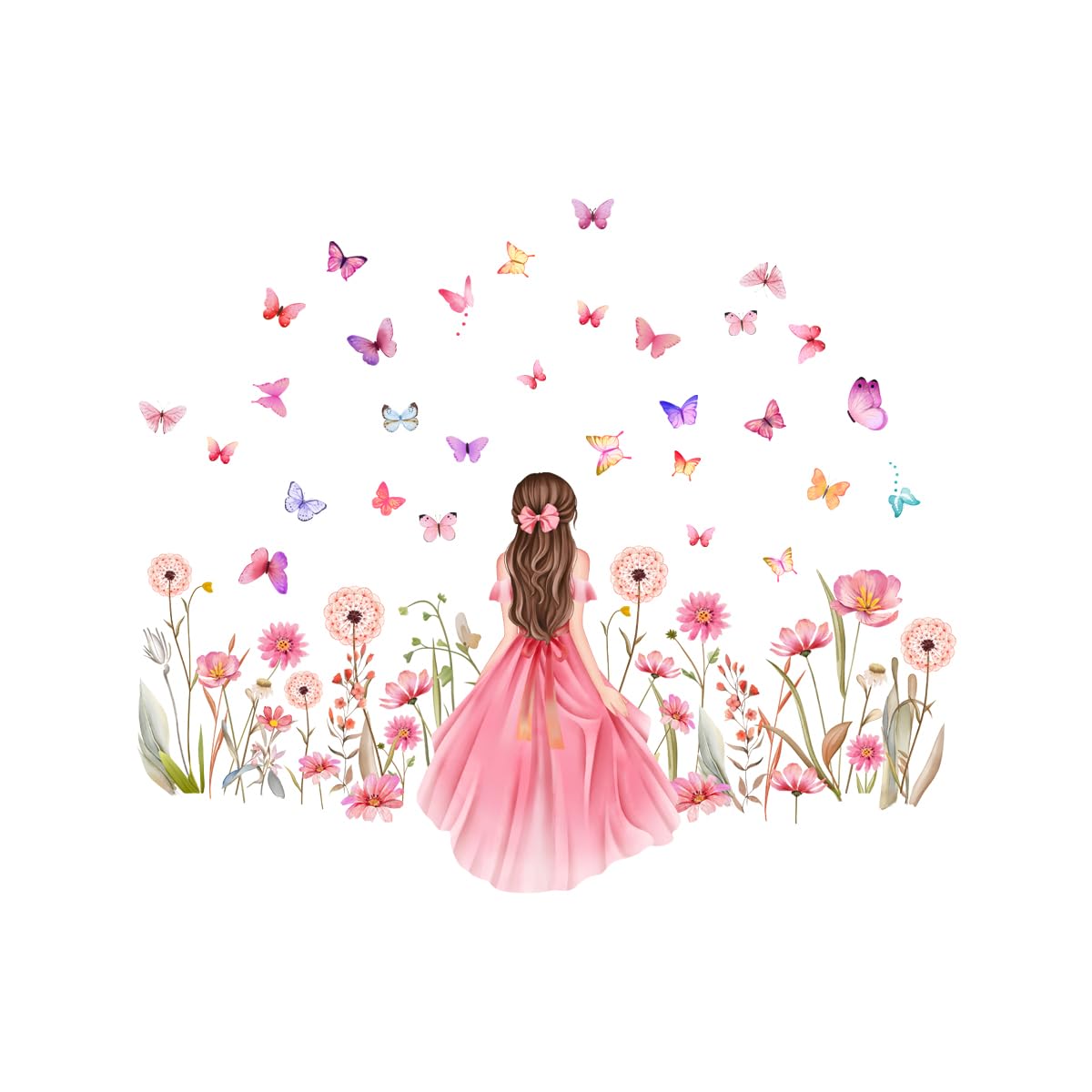 Pink Flower Wall Sticker DIY Purple Princess Dandelion Floral Butterfly Wall Stickers for Girls Bedroom Baby Nursery Kids Room Wall Decor Removable Waterproof