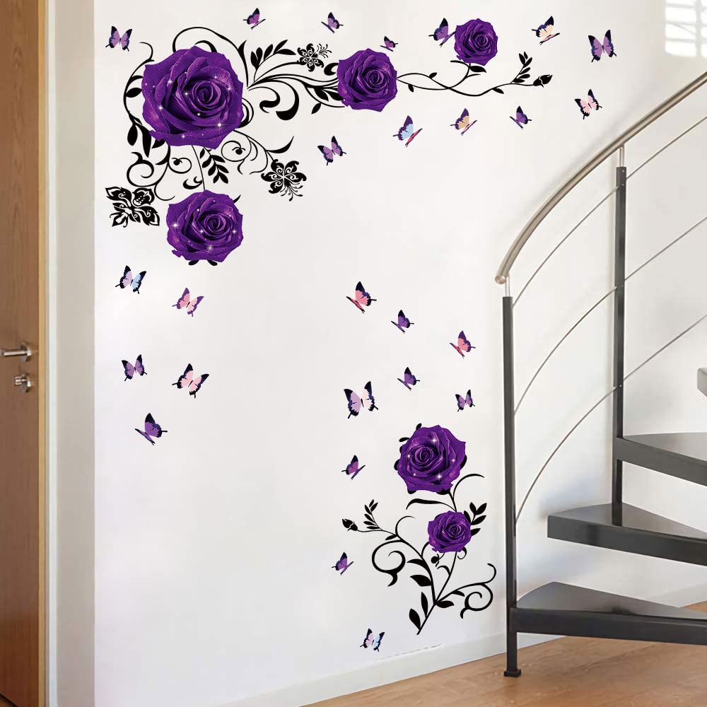 Supzone Purple Rose Wall Stickers Rose Flower Vine Wall Decal Purple Peony Floral Wall Decor DIY Vinyl Mural Art for Bedroom Living Room Sofa Backdrop