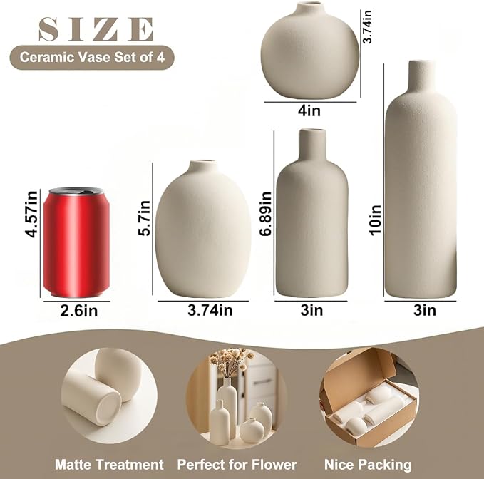 Modern Ceramic Vase Set, White Colors, Decorative Vases for Home Decor, 4 Piece Collection (White)