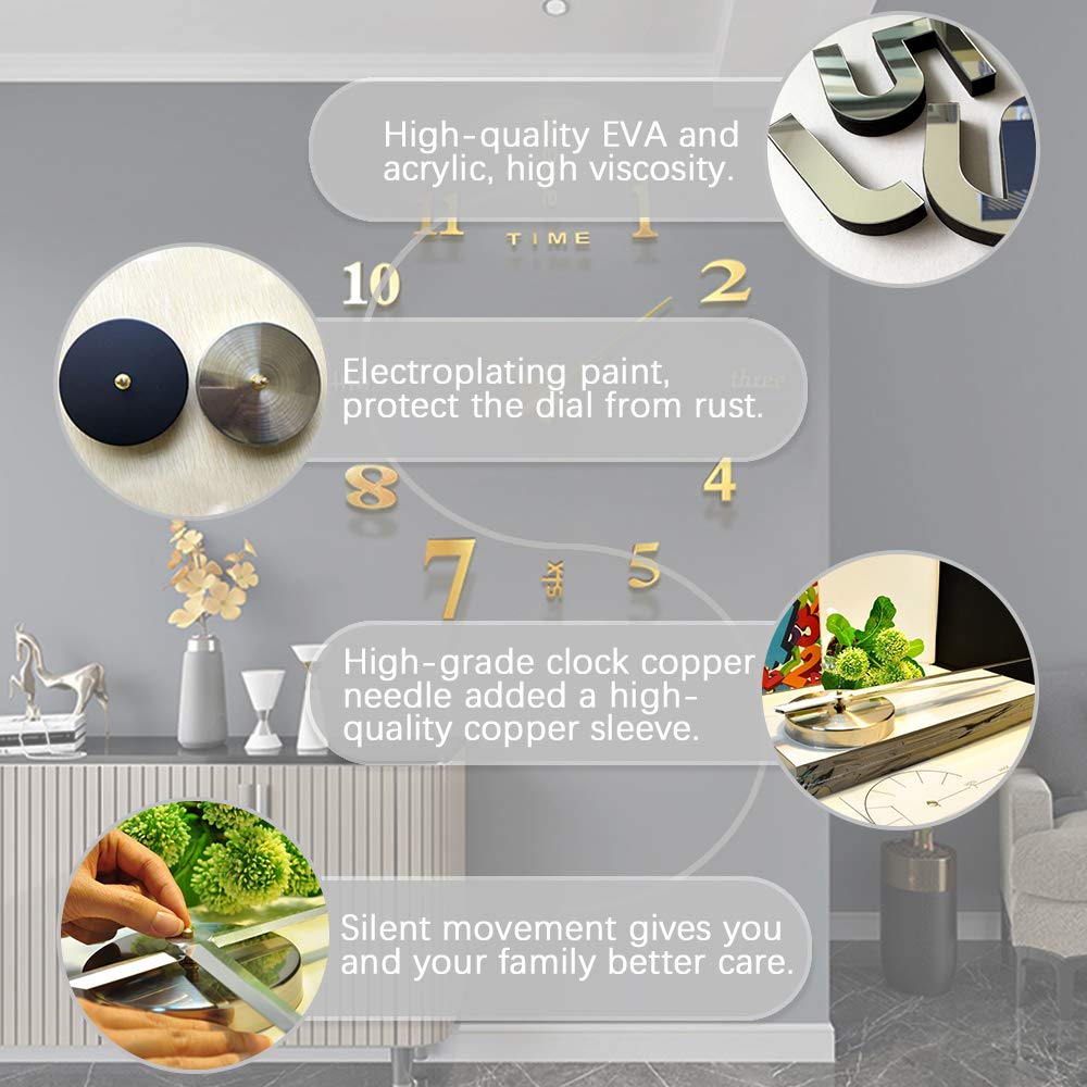 LZYMSZ DIY Wall Clock Modern 3D Wall Clock with Mirror Numbers Stickers for Home Office Decorations Gift(Black)