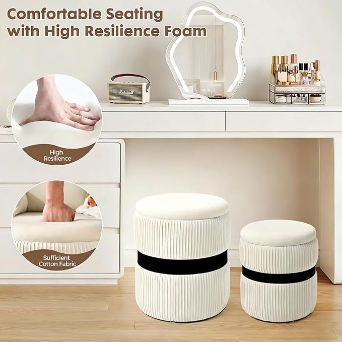 Velvet Round Ottoman Set of 2 with Storage, 12 Gallon Hidden Storage Ottoman, Multi-Functional Footrest Stool, Vanity Seat, Coffee Table, No Assembly Required, Holds 300lbs, (White)
