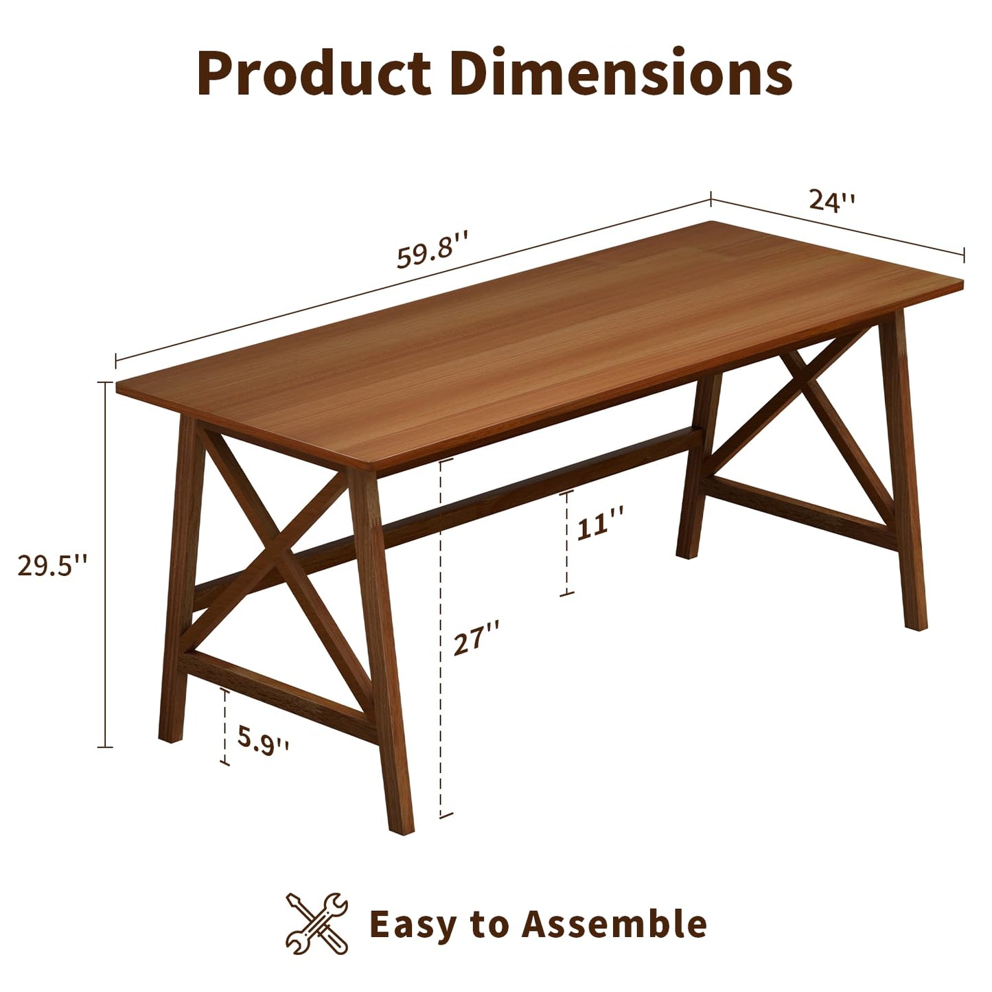 NELYE Modern Solid Wood Desk - 60" Simple Computer Table for Home Office Study Writing Workstation in Walnut, 60" W x 24" D