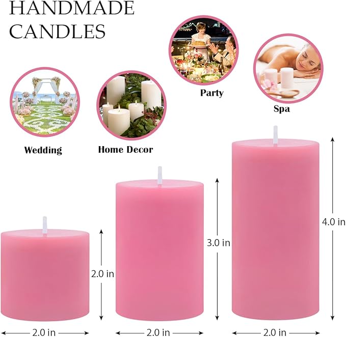 Pink Unscented Pillar Candles 3-Pack ??Dripless & Smokeless, Long-Burning Thick Candles (2",3",4" Heights) for Weddings, Home Decor & Serene Ambiance