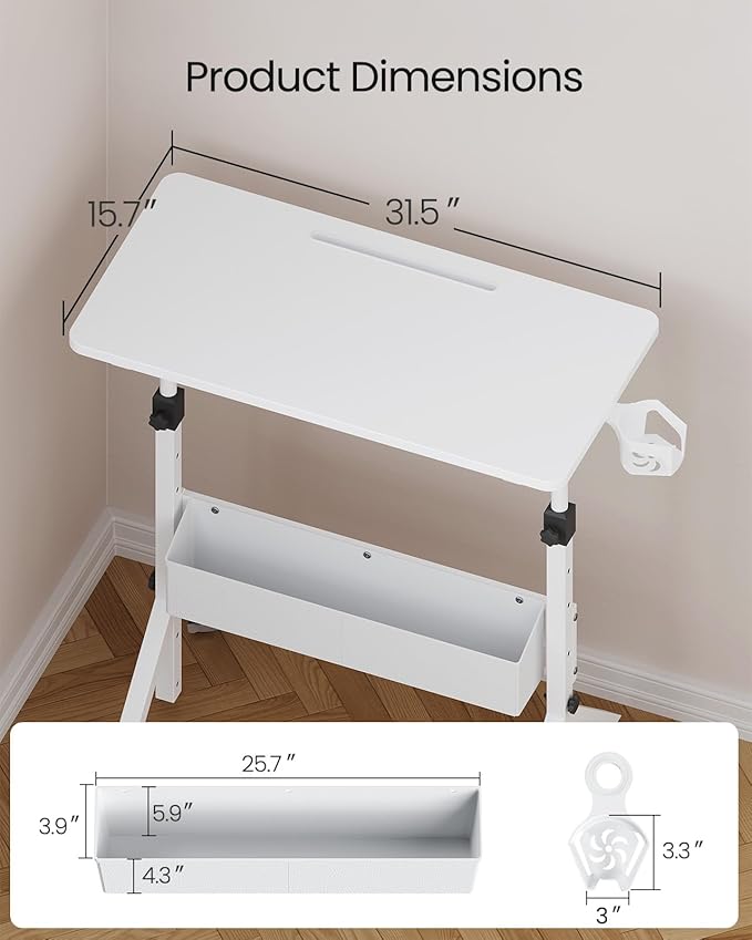 ErGear Mobile Standing Desk with Wheels, Adjustable Height 28.3″ to 46.1″, Rolling Laptop Cart with Cup Holder, Storage Basket, Computer & Pen Slot, Home Office Stand Up Desk, White (31.5″ x 15.75″)