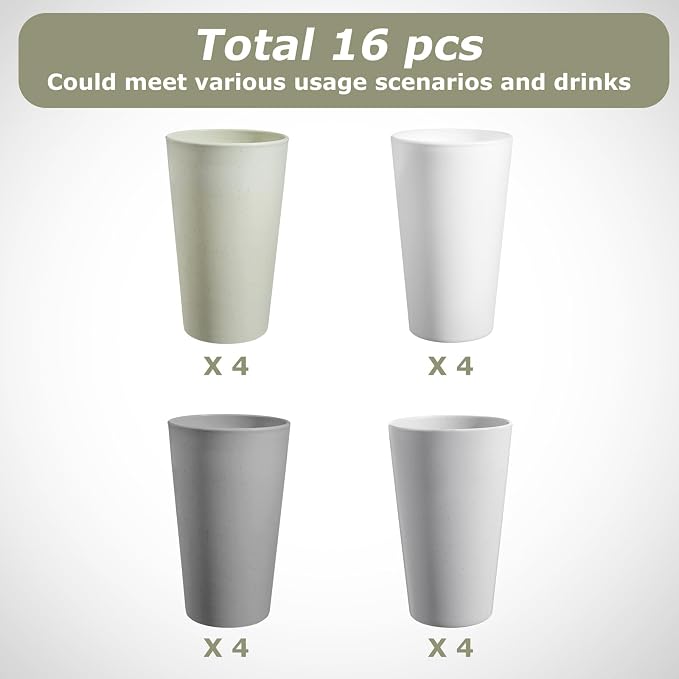 HEYCOME Set of 16 Wheat Straw Cups, 16 Pcs 20 oz Unbreakable Drinking Cups, Reusable Plastic Cups Sets, Water Glasses Tumblers, Microwave & Dishwasher Safe, Bpa Free, 4 Colors