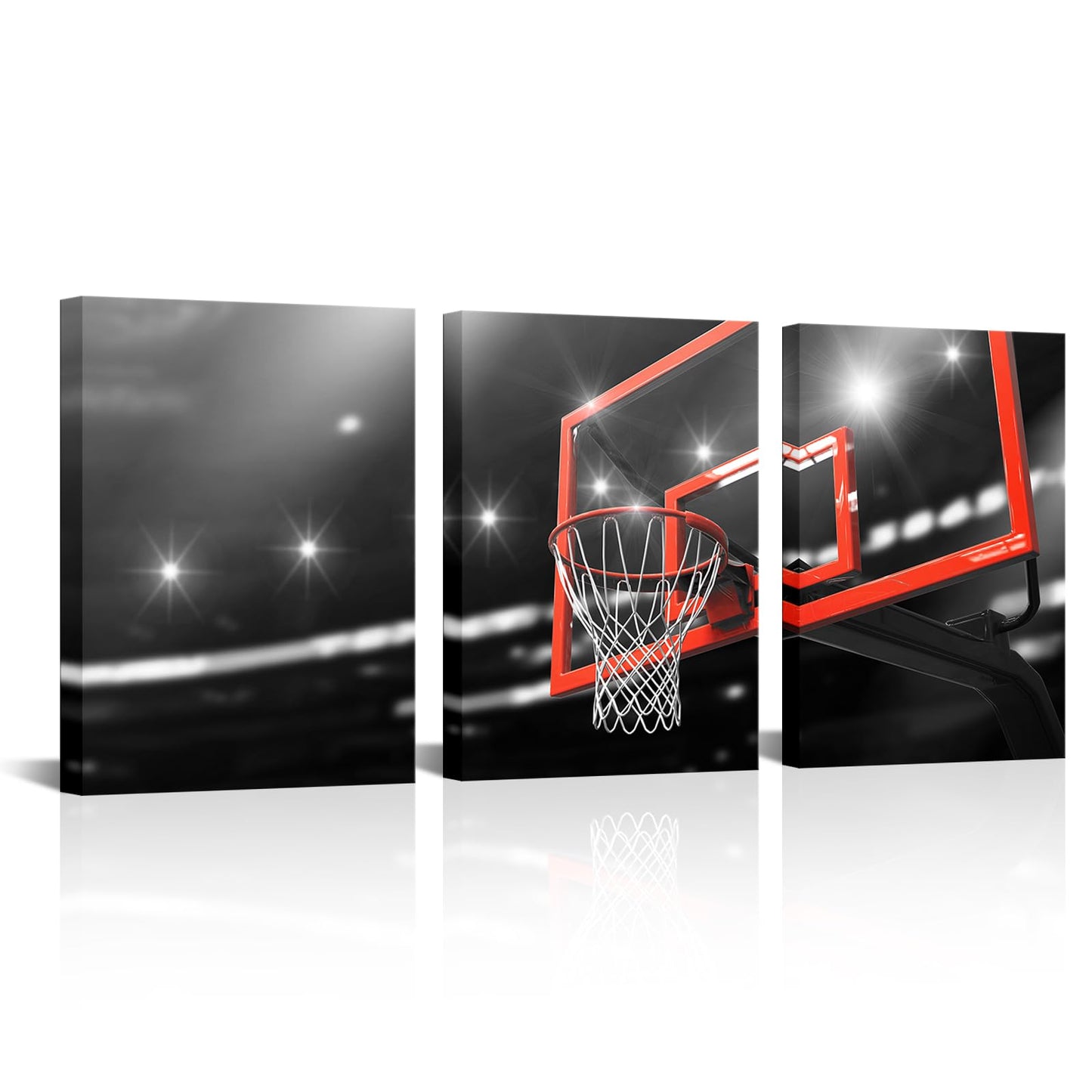 KLVOS 3 Pieces Basketball Wall Art Prints Black and White Red Basketball Hoop Poster Photograph Painting Sport Picture Canvas Art Boys Gift Modern Home Bedroom Gym Room Framed Decoration
