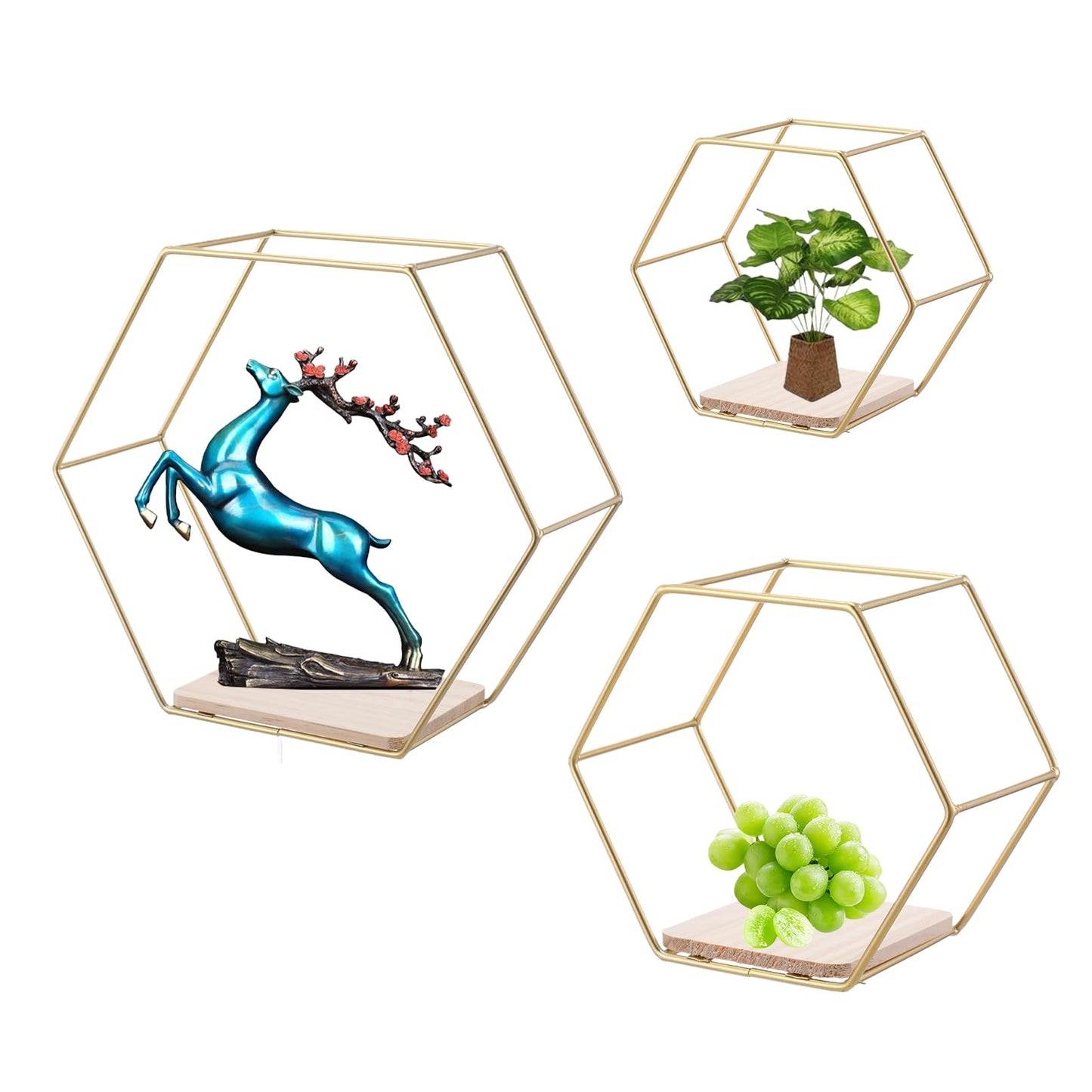 mekueeex Wall Mounted Hexagon Floating Shelves, Metal Framed Gold Shelf with Wooden Floor Storage Shelves, Modern Wall Decor for Living Room, Bedroom, Kitchen, Office, Set of 3 Size ﻿