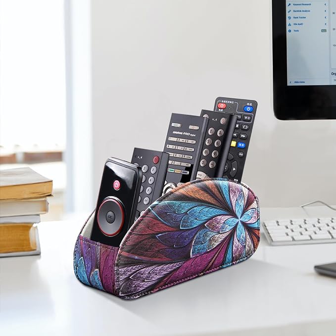 Remote Control Holder PU Leather TV Remote Caddy for Table 5 Compartments Nightstand Organizer for Bedroom Accessories/Bedside Remotes/Media Controllers/Office Supplies Decorations for Living Room