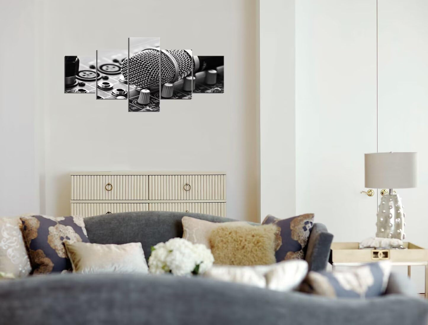 Wall HDQ Music Canvas Wall Art 5 Piece Microphone Pictures DJ Wall Decor Musical Equipment Print Painting for Music room Recording Studio Living Room Bedroom Decor Gifts for Musician (50" Wx24 H)