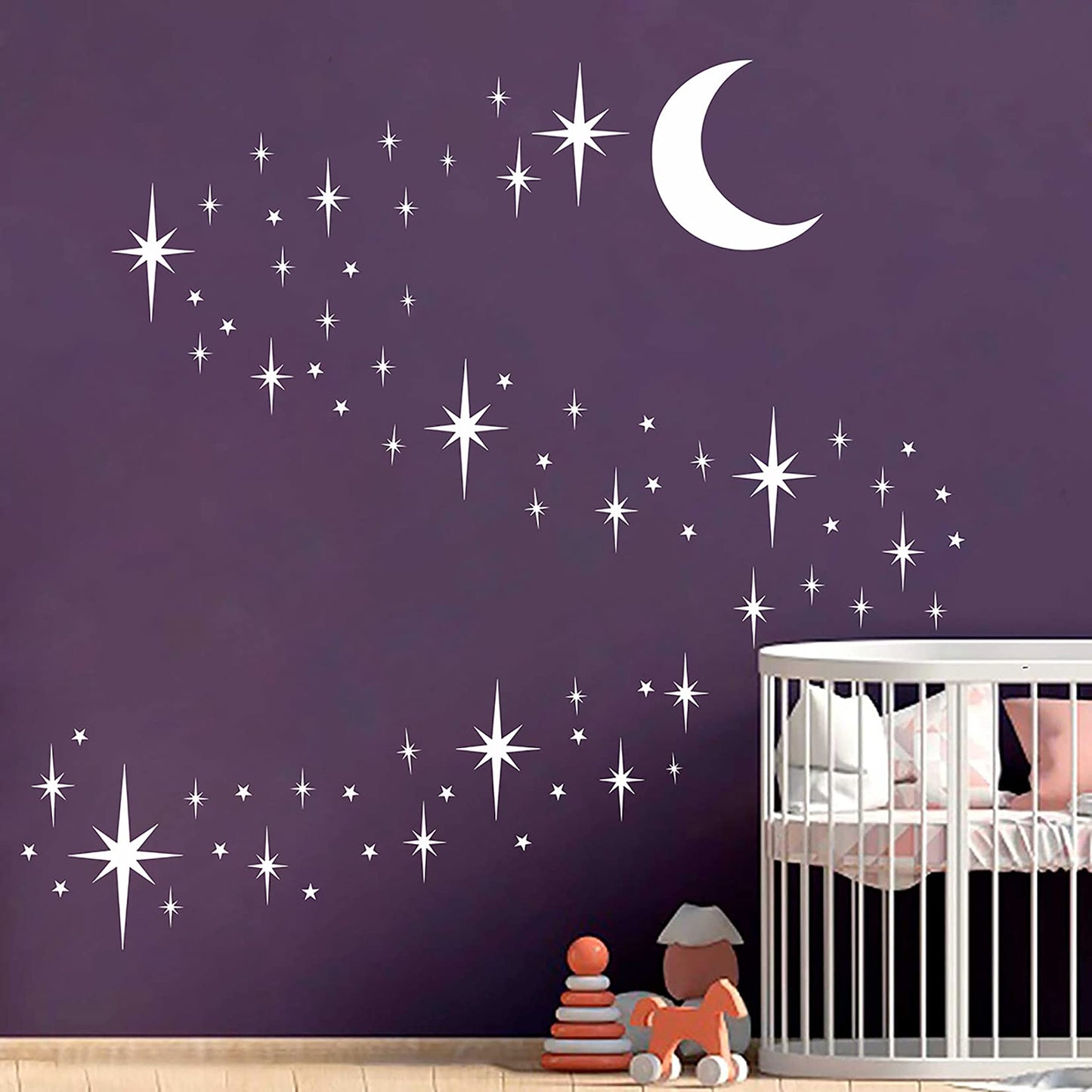 Stars and Moon Wall Decal Star Decals for Walls Nursery Wall Decal White Stick on Stars Vinyl Walls Stars Sticker Removable Peel and Stick Vinyl Stickers for Kids Girls Bedroom