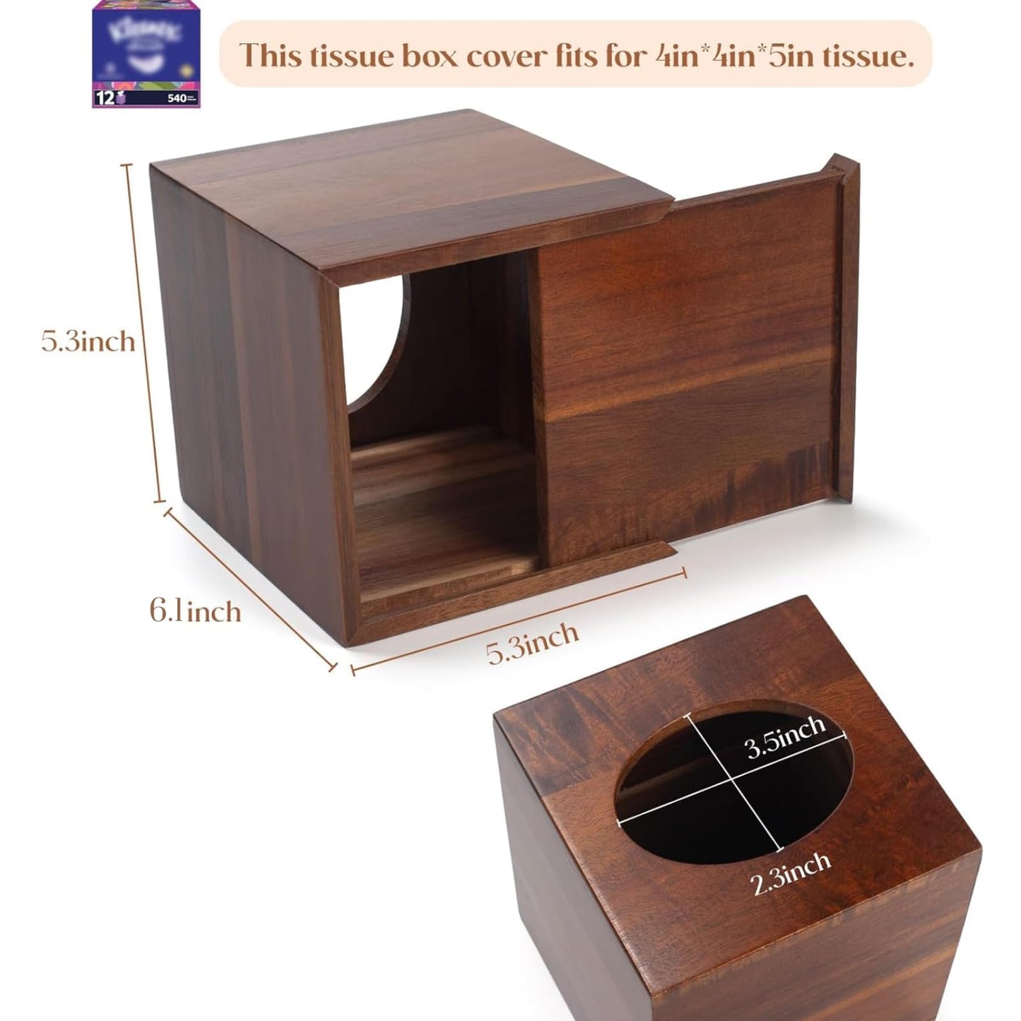 YANGQIHOME Tissue Box Cover Square, Acacia Wood Tissue Holder for Bathroom, Living Room, Dining Table, Decorative Cube Facial Tissue Box Cover, 5.3 x 5.3 x 6.1 inches