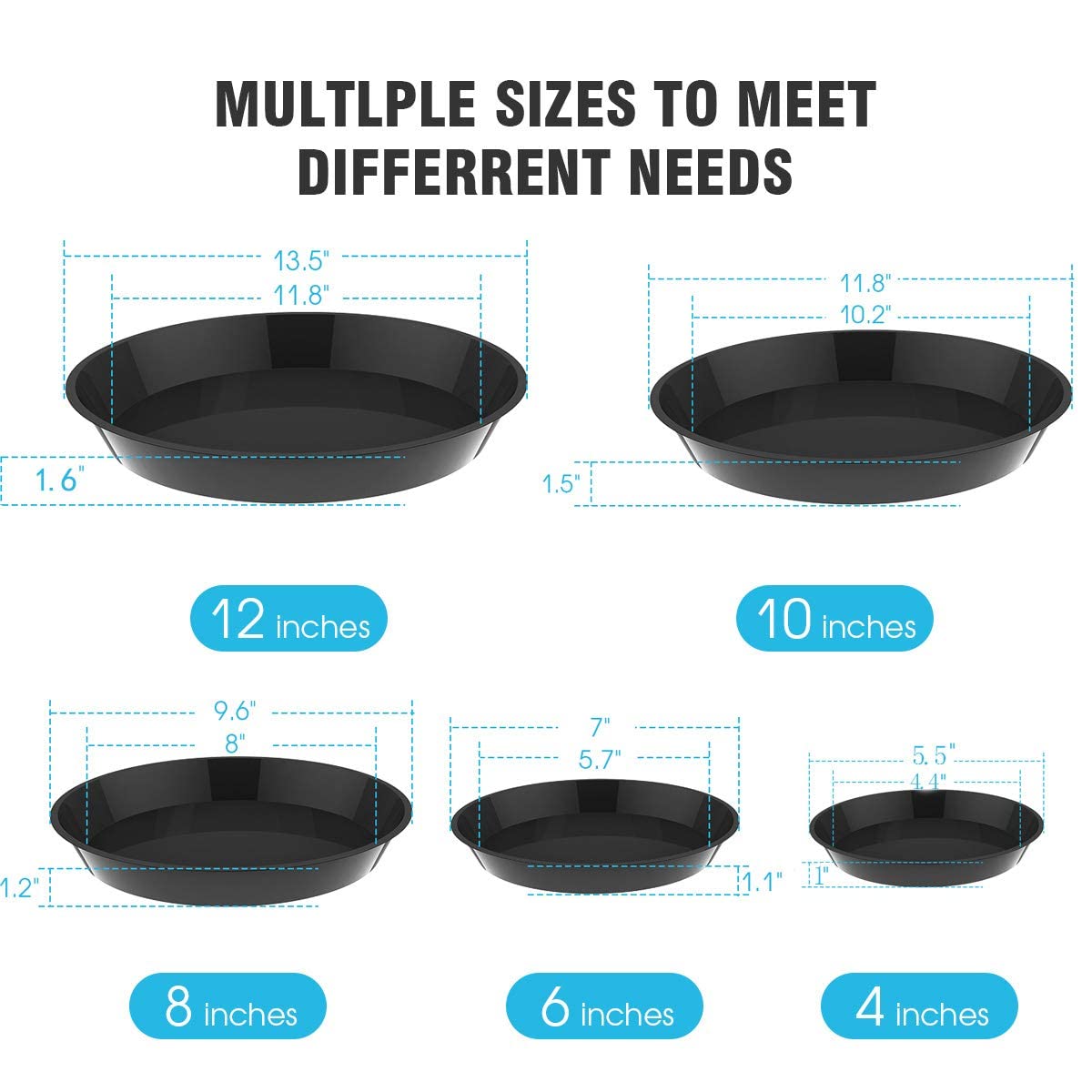 UPMCT 6 Pack Plant Saucer, 4 6 8 10 12 Inch Heavy Duty Plastic Flower Pot Water Catcher Tray Round drip Pallets for Indoors and Outdoor Planter Container Accessories (8 Inch, Black)