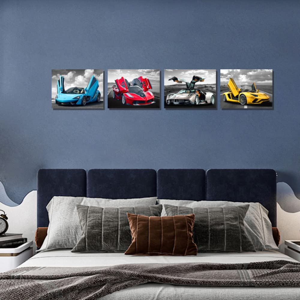 Car Posters Wall Art for Office, Living Room Bedroom Boys Room Décor Sports Wall Art Large Car Art Framed Canvas Print Art Man Cave Decoration Black and White Car Pictures 20"x16", 4pieces