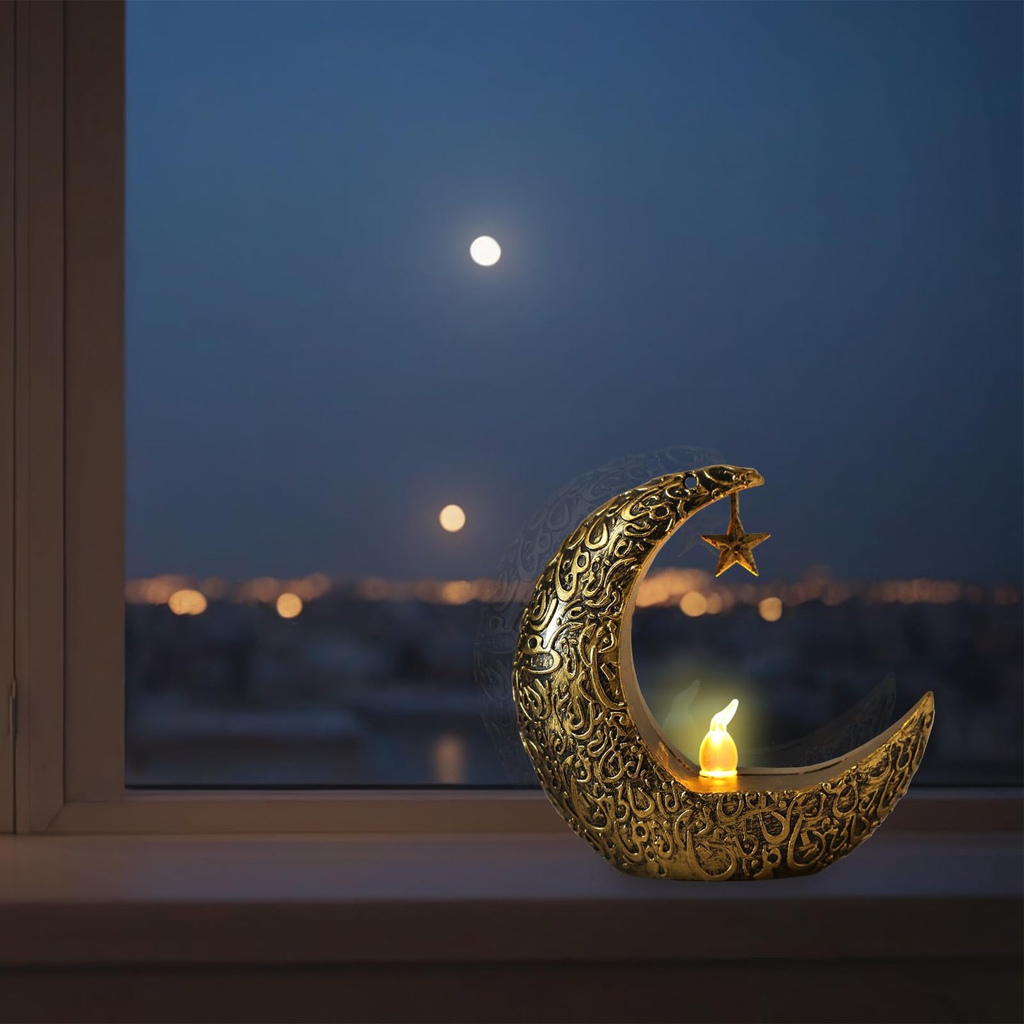 Hying 2 Pieces Ramadan Lanterns Decoration Eid-ul-fitr Table Lamp Eid Mubarak Flameless Candle Lanterns Ramadan Moon Star Lamp for Home Tabletop Decor-Golden Black
