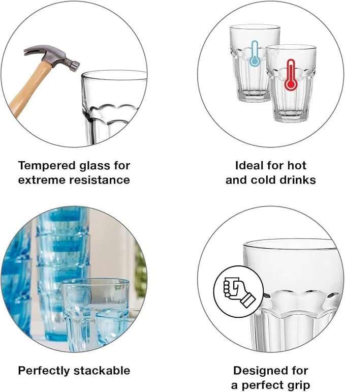 Bormioli Rocco Rock Bar 12.5 oz. Long Drink Stackable Tempered Beverage Glasses for Cold Drinks, Water, and Cocktails, Set of 6, Ice Blue