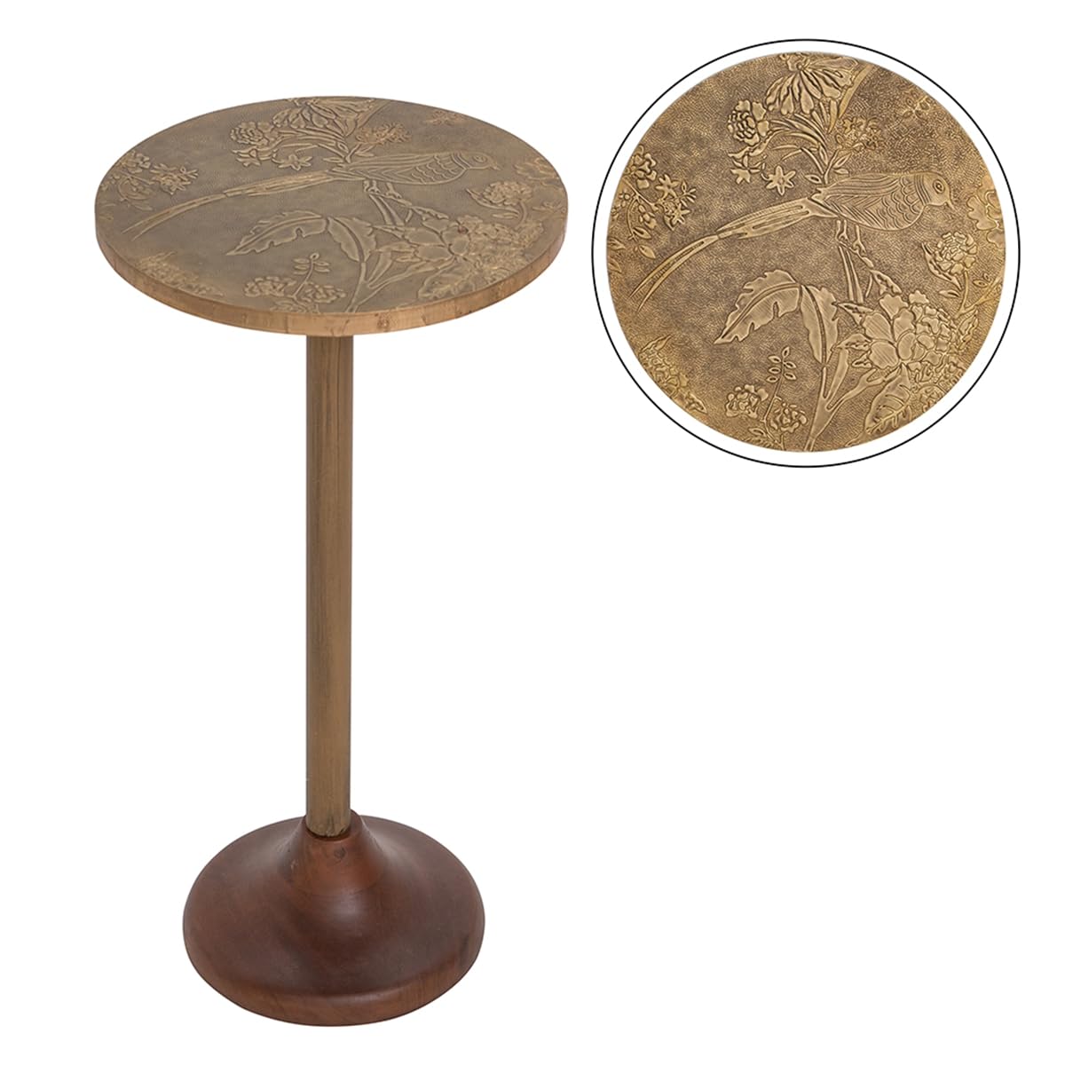 Penau Slender Brass Side Table, Textured Gold Metal Top with Wooden Pedestal Base, Round Accent End Table for Living Room, 11.8 x 11.8 x 24 Inchs, Gold and Brown
