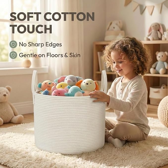 JMvicyroam 115L Extra Large Blanket Basket for Living Room - Woven Cotton Rope Laundry Hamper with Reinforced Handles - Storage Bin for Pillows, Comforters & Toys - Machine Washable,White