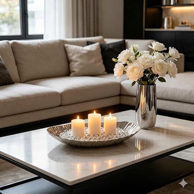 Hosley Elegance Redefined Silver Finish Decor Tray Bowl, 13.6 Inches Long Versatile and Chic Centerpiece for Serving, Floral Arrangements, and Stylish Home Decor