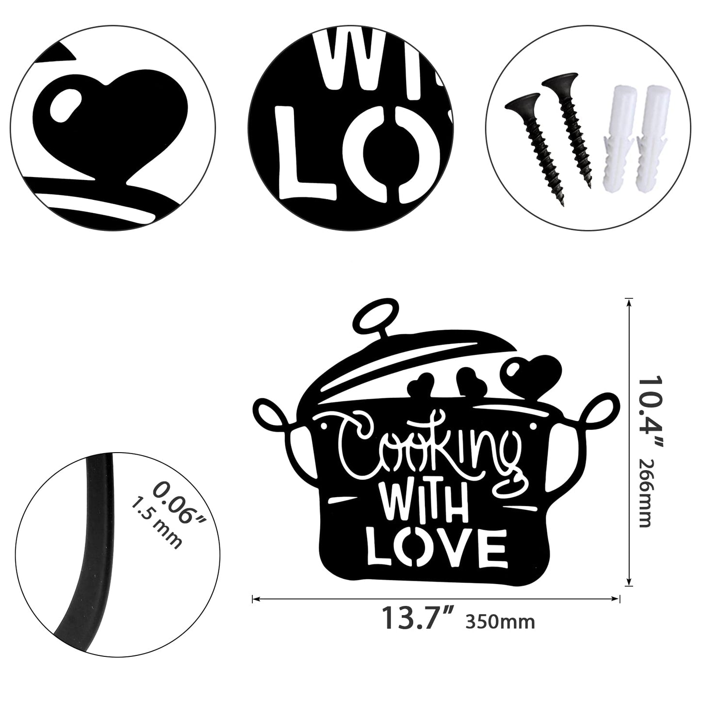 14 x 11 inch Black Metal Kitchen Pot Wall Decor Cooking with Love Kitchen decorations wall Lovely Gift Kitchen Sign for Wall